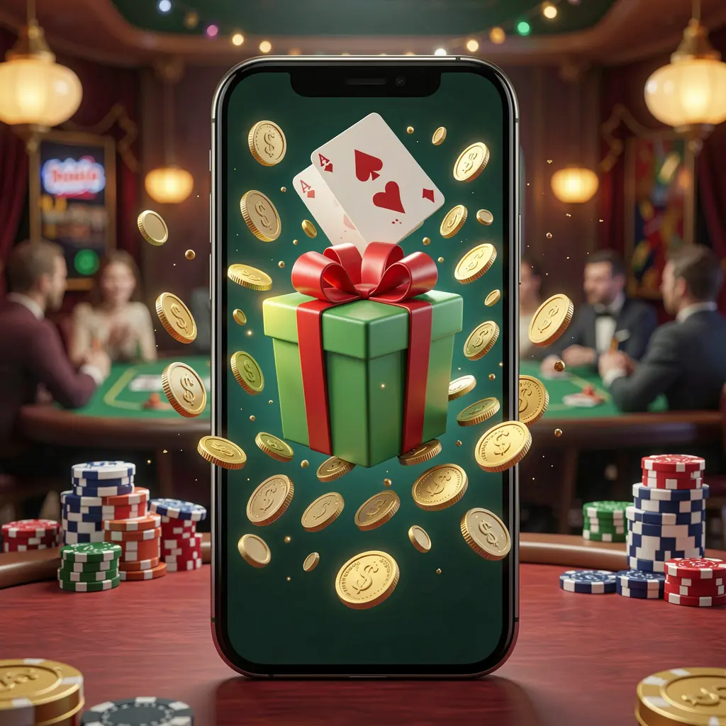 JILI876 mobile casino bonus app concept showing a phone screen with a gift box and coins bursting out in a festive casino atmosphere JILI876 mobile casino bonus app concept showing a phone screen with a gift box and coins bursting out in a festive casino atmosphere