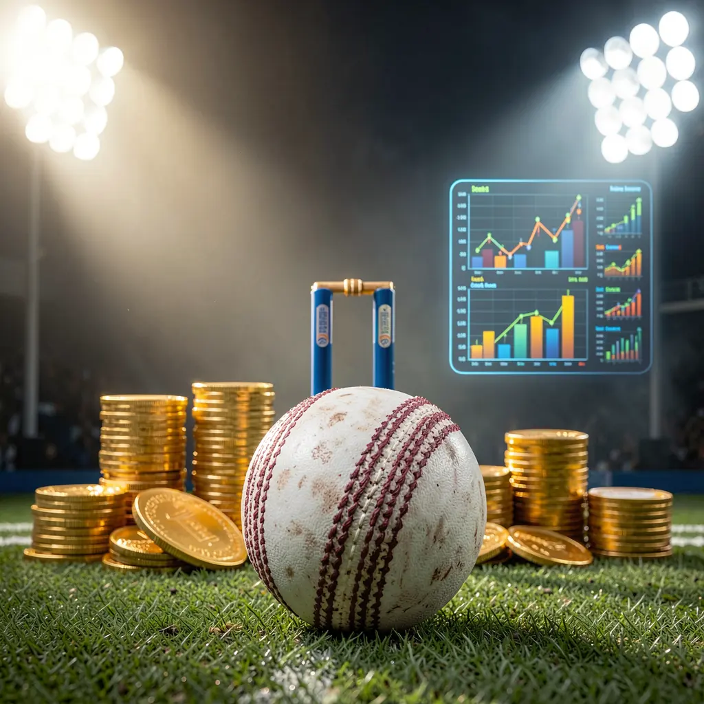 JILI876 cricket betting page background featuring a dramatic stadium with floodlights, a cricket ball in the foreground, wickets behind, and golden coins alongside glowing data charts JILI876 cricket betting page background featuring a dramatic stadium with floodlights, a cricket ball in the foreground, wickets behind, and golden coins alongside glowing data charts