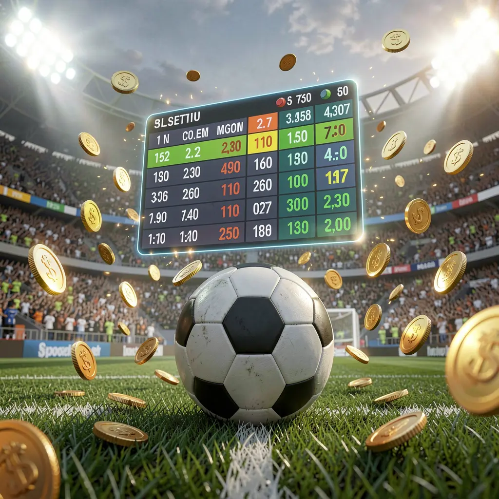 Realistic 3D illustration of a football match atmosphere with a packed stadium, a soccer ball in the foreground, floating digital odds interface, and golden coins flying, showcasing JILI876 sports betting experience Realistic 3D illustration of a football match atmosphere with a packed stadium, a soccer ball in the foreground, floating digital odds interface, and golden coins flying, showcasing JILI876 sports betting experience