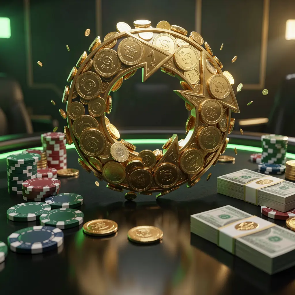 JILI876 casino cashback bonus visual with golden coins returning in a circular arrow motion, poker chips and cash bundles on a glossy dark table with glowing green and gold accents in a premium online casino style JILI876 casino cashback bonus visual with golden coins returning in a circular arrow motion, poker chips and cash bundles on a glossy dark table with glowing green and gold accents in a premium online casino style
