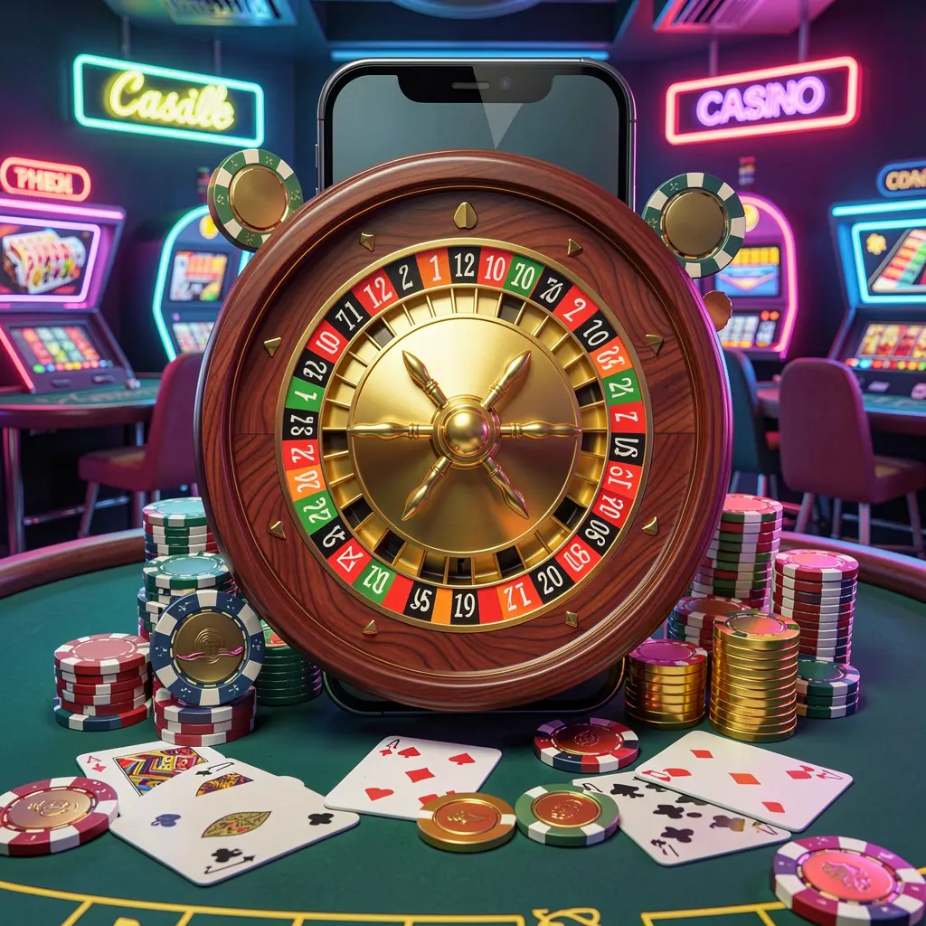 JILI876 mobile casino experience showing a smartphone surrounded by roulette wheel, chips, cards, and coins in a bright neon casino atmosphere