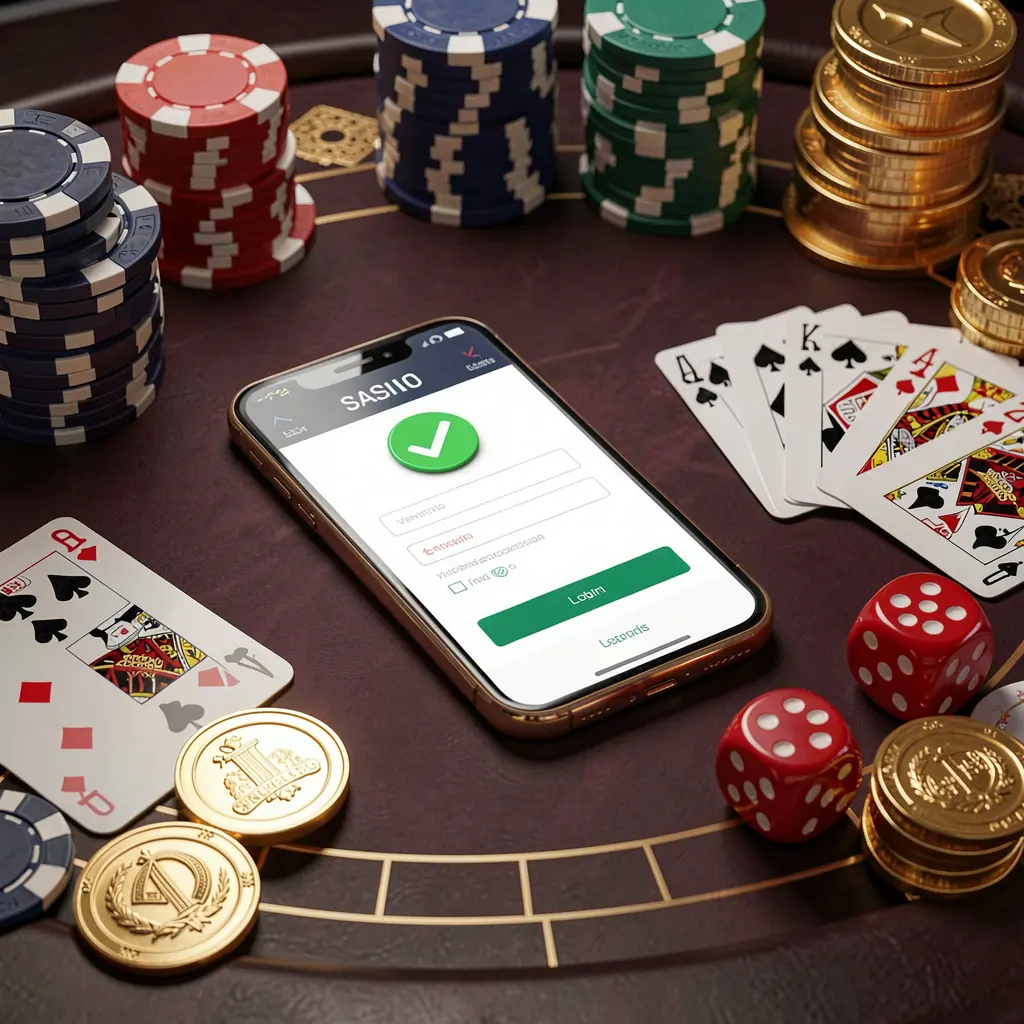 JILI876 safe casino login concept featuring a smartphone with verification checkmark icon surrounded by chips, cards, dice, and golden coins on an elegant luxury casino table in a 3D realistic render JILI876 safe casino login concept featuring a smartphone with verification checkmark icon surrounded by chips, cards, dice, and golden coins on an elegant luxury casino table in a 3D realistic render