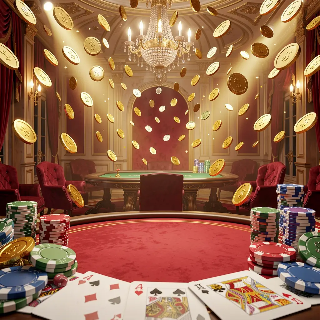 JILI876 online gaming platform homepage banner with bright casino lights, golden coins raining, poker chips and playing cards in the foreground, set in a luxury red and gold atmosphere with high detail 3D render JILI876 online gaming platform homepage banner with bright casino lights, golden coins raining, poker chips and playing cards in the foreground, set in a luxury red and gold atmosphere with high detail 3D render
